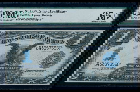 1899 $1 Black Eagle Silver Certificate PMG 65EPQ: One 1899 $1 Black Eagle Silver Certificate PMG 65EPQ.