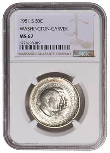 1951-S George Washington Carver Commemorative Half Dollar NGC MS67: One 1951-S George Washington Carver Commemorative Half Dollar NGC MS67.