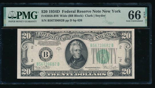 1934D $20 New York FRN PMG 66EPQ: One 1934D $20 New York FRN PMG 66EPQ.