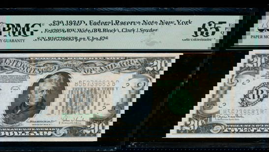 1934D $20 New York FRN PMG 65EPQ: One 1934D $20 New York FRN PMG 65EPQ.