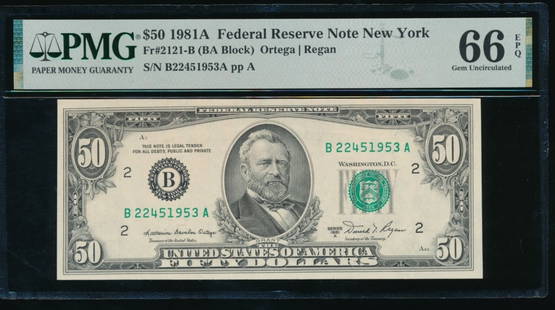 1981A $50 New York FRN PMG 66EPQ: One 1981A $50 New York FRN PMG 66EPQ.