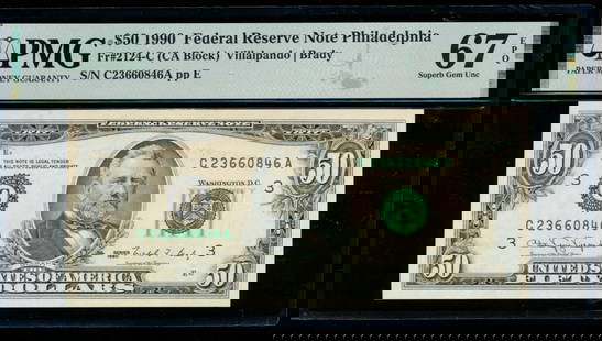 1990 $50 Philadelphia FRN PMG 67EPQ: One 1990 $50 Philadelphia FRN PMG 67EPQ.