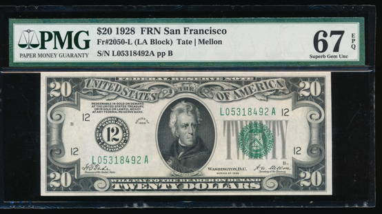 1928 $20 San Francisco FRN PMG 67EPQ: One 1928 $20 San Francisco FRN PMG 67EPQ.