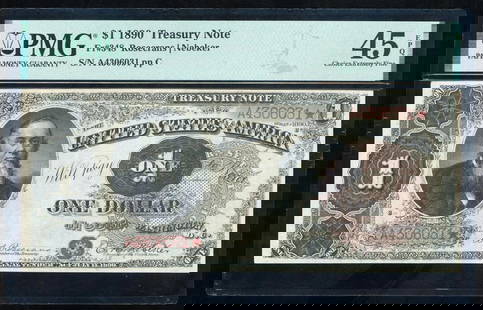 1890 $1 Treasury Note PMG 45EPQ: One 1890 $1 Treasury Note PMG 45EPQ.