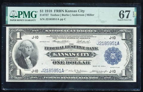 1918 $1 Kansas City FRBN PMG 67EPQ: One 1918 $1 Kansas City FRBN PMG 67EPQ.