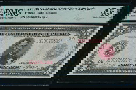 1914 $5 Red Seal New York FRN PMG 45EPQ: One 1914 $5 Red Seal New York FRN PMG 45EPQ.