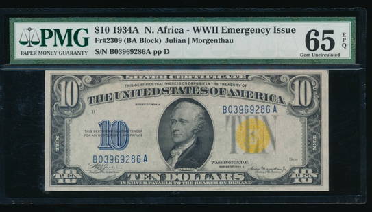 1934A $10 N Africa Silver Certificate PMG 65EPQ: One 1934A $10 N Africa Silver Certificate PMG 65EPQ.