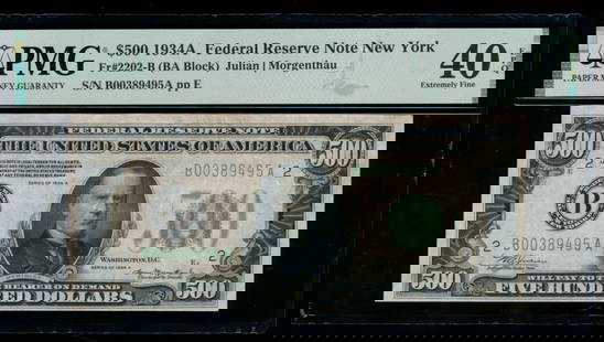 1934A $500 New York FRN PMG 40EPQ: One 1934A $500 New York FRN PMG 40EPQ.