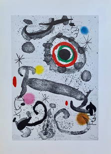 Joan Miro L’Astre du Marecage Facsimile Signed 1982 Offset Lithograph: This is a Joan Miro offset lithograph titled “L’Astre du Marecage&rdquo; (year of original, 1967). This piece is signed in the plate. Reproduction edition of 1500. Published in 1982. Paper measure