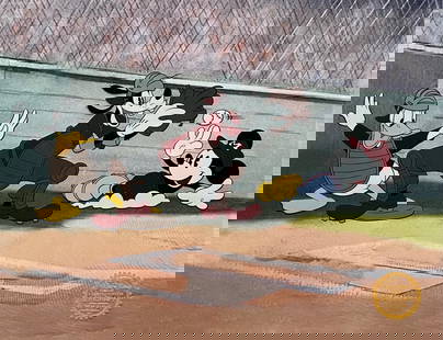 Disney Mickey Mouse Goofy Donald Duck Baseball Sericel: This is a Limited Edition serigraph cel of Mickey Mouse, Donald Duck and Pluto playing baseball. Disney’s own artists have selected this scene from the original animation drawings used to produce th
