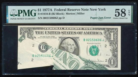 1977A $1 Error New York FRN PMG 58EPQ: One 1977A $1 Error New York FRN PMG 58EPQ.