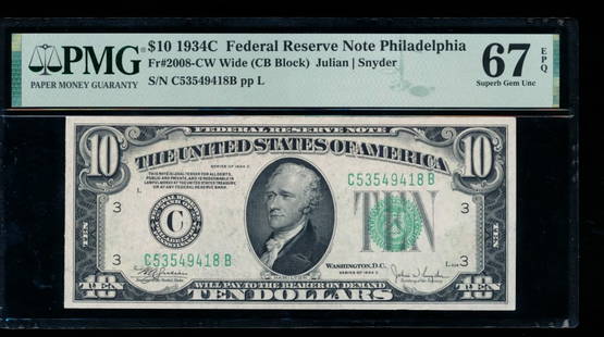 1934C $10 Philadelphia FRN PMG 67EPQ: One 1934C $10 Philadelphia FRN PMG 67EPQ.