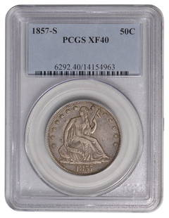 1857-S Seated Liberty Half Dollar PCGS XF40: One 1857-S Seated Liberty Half Dollar PCGS XF40.