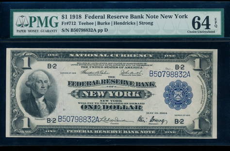 1918 $1 New York FRBN PMG 64EPQ: One 1918 $1 New York FRBN PMG 64EPQ.