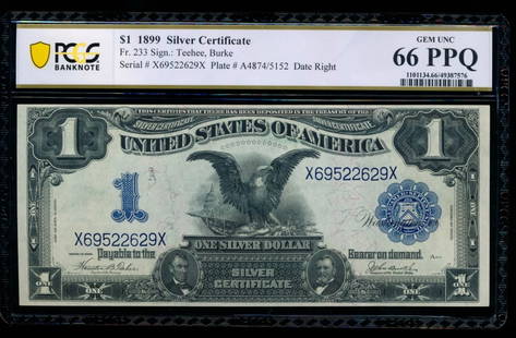 1899 $1 Black Eagle Silver Certificate PCGS 66PPQ: One 1899 $1 Black Eagle Silver Certificate PCGS 66PPQ.