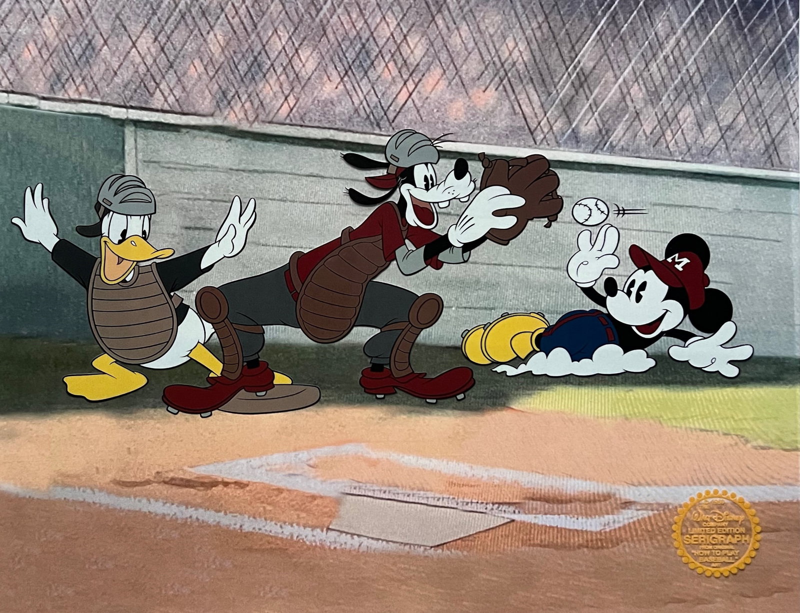 Disney Mickey Mouse Goofy Donald Duck Baseball Sericel: This is a Limited Edition serigraph cel of Mickey Mouse, Donald Duck and Pluto playing baseball. Disney’s own artists have selected this scene from the original animation drawings used to produce th