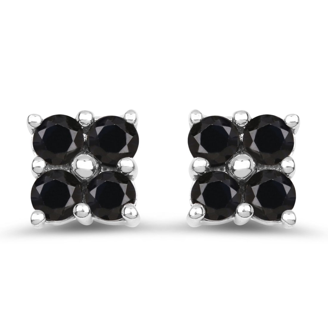 Plated 18KT White Gold 1.04ctw Black Sapphire Earrings: 1.04 Carat Genuine Black Sapphire.925 Sterling Silver Earrings. Black Sapphire Round/3.00mm - 8/1.04 ctw Prong Setting Natural Heat Treated E. Total weight 2.03 grams.