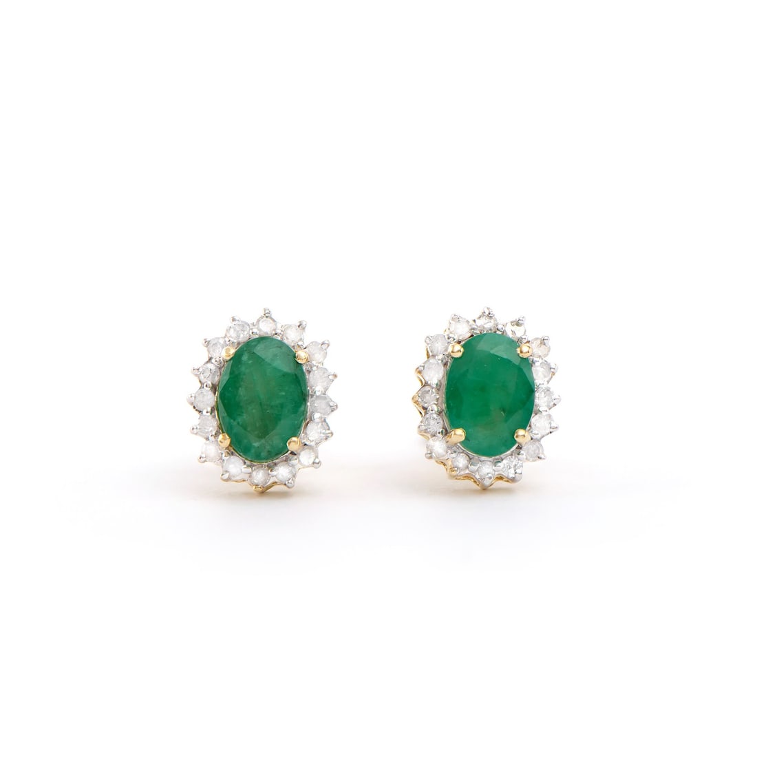 14KT Yellow Gold 1.50ctw Emerald and Diamond Earrings: (2) Emeralds with a total weight of 1.50cts. (32) round Diamonds with a total weight of 0.26cts with a color of H-I and clarity of I2-I3. Total weight of these earrings are 2.00 grams.