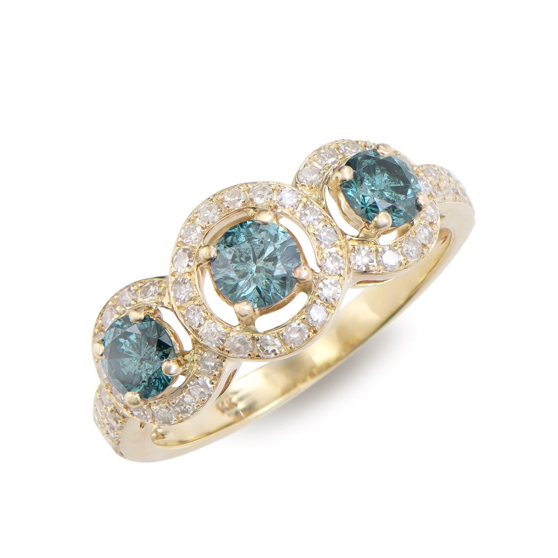14KT Yellow Gold 1.27ctw Blue Diamond Ring: (3) round Blue Diamonds with a total weight of 0.85cts with a color of Blue and clarity of I1-I2. (63) round Diamonds with a total weight of 0.42cts with a color of H-I and clarity of I1-I2. Total wei