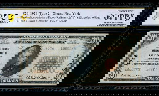1929 $20 New York National PCGS 64PPQ: One 1929 $20 New York National PCGS 64PPQ.