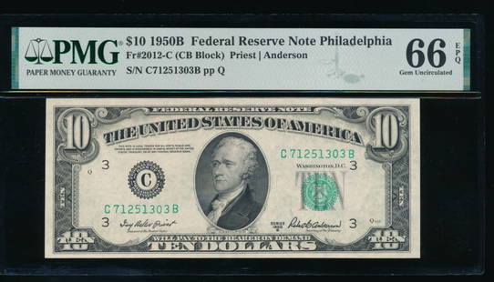 1950B $10 Philadelphia FRN PMG 66EPQ: One 1950B $10 Philadelphia FRN PMG 66EPQ.