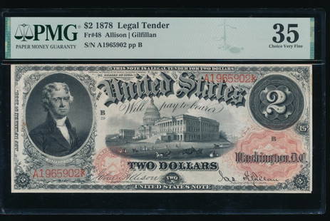 1878 $2 Legal Tender Note PMG 35: One 1878 $2 Legal Tender Note PMG 35.