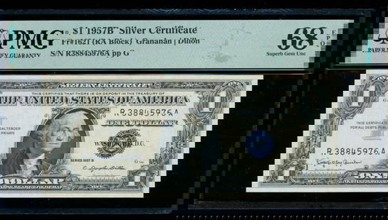 1957B $1 Silver Certificate PMG 68EPQ: One 1957B $1 Silver Certificate PMG 68EPQ.