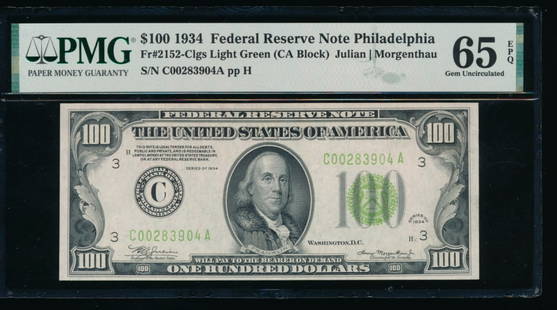 1934 $100 Philadelphia FRN PMG 65EPQ: One 1934 $100 Philadelphia FRN PMG 65EPQ.