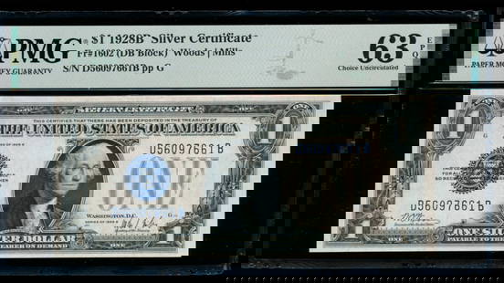 1928B $1 Silver Certificate PMG 63EPQ: One 1928B $1 Silver Certificate PMG 63EPQ.