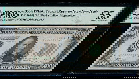 1934A $500 New York FRN PMG 55: One 1934A $500 New York FRN PMG 55.