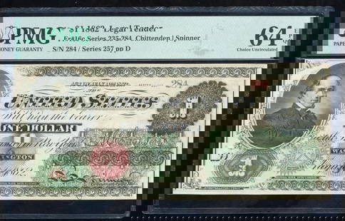 1862 $1 Legal Tender Note PMG 64EPQ: One 1862 $1 Legal Tender Note PMG 64EPQ.