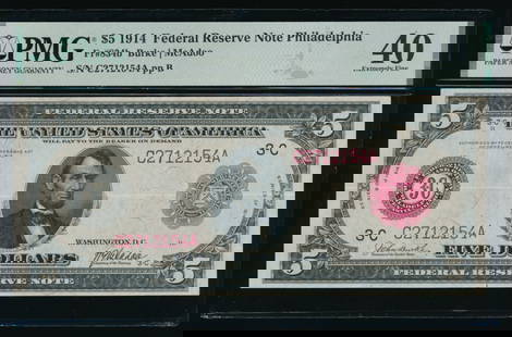 1914 $5 Red Seal Philadelphia FRN PMG 40: One 1914 $5 Red Seal Philadelphia FRN PMG 40.