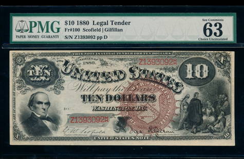 1880 $10 Jackass Legal Tender Note PMG 63: One 1880 $10 Jackass Legal Tender Note PMG 63.