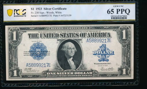 1923 $1 Silver Certificate PCGS 65PPQ: One 1923 $1 Silver Certificate PCGS 65PPQ.