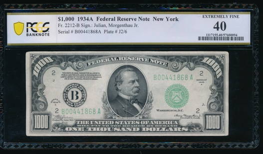1934A $1000 New York FRN PCGS 40: One 1934A $1000 New York FRN PCGS 40.