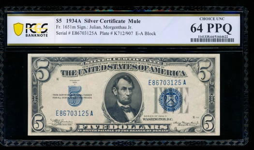 1934A $5 Silver Certificate PCGS 64PPQ: One 1934A $5 Silver Certificate PCGS 64PPQ.
