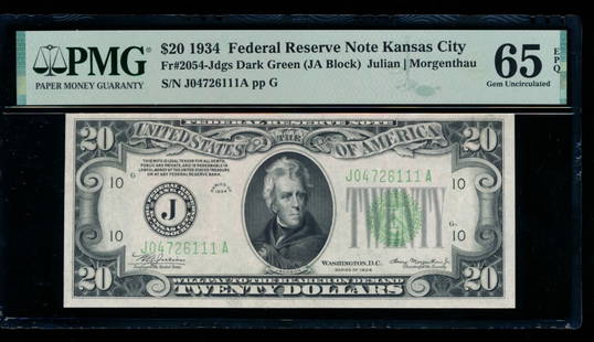 1934 $20 Kansas City FRN PMG 65EPQ: One 1934 $20 Kansas City FRN PMG 65EPQ.