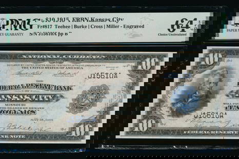 1915 $10 Kansas City FRBN PMG 64EPQ: One 1915 $10 Kansas City FRBN PMG 64EPQ.