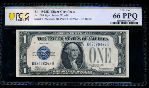 1928D $1 Silver Certificate PCGS 66PPQ: One 1928D $1 Silver Certificate PCGS 66PPQ.