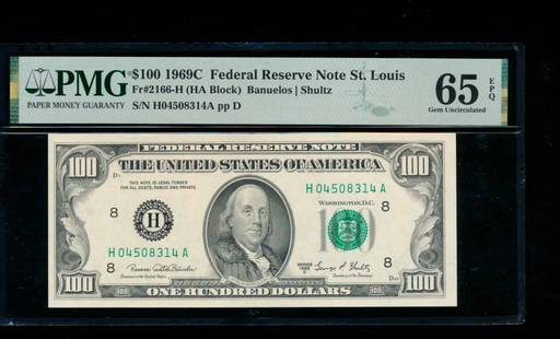 1969C $100 St Louis FRN PMG 65EPQ: One 1969C $100 St Louis FRN PMG 65EPQ.