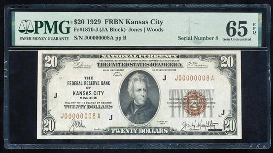 1929 $20 Serial 8 Kansas City FRBN PMG 65EPQ: One 1929 $20 Serial 8 Kansas City FRBN PMG 65EPQ.
