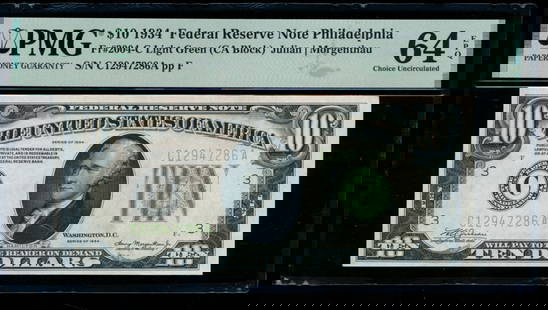 1934 $10 Philadelphia FRN PMG 64EPQ: One 1934 $10 Philadelphia FRN PMG 64EPQ.