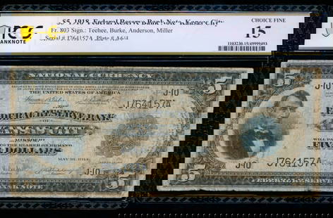 1918 $5 Kansas City FRBN PCGS 15: One 1918 $5 Kansas City FRBN PCGS 15.