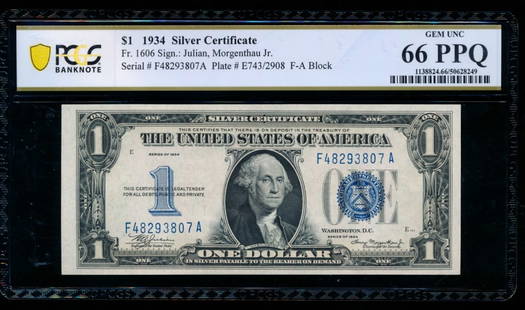 1934 $1 Silver Certificate PCGS 66PPQ: One 1934 $1 Silver Certificate PCGS 66PPQ.