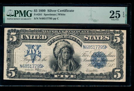 1899 $5 Chief Silver Certificate PMG 25EPQ: One 1899 $5 Chief Silver Certificate PMG 25EPQ.