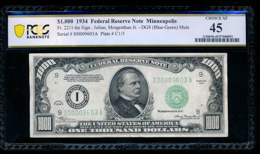 1934 $1000 Minneapolis FRN PCGS 45: One 1934 $1000 Minneapolis FRN PCGS 45.
