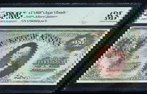 1869 $1 Rainbow Legal Tender Note PMG 63: One 1869 $1 Rainbow Legal Tender Note PMG 63.
