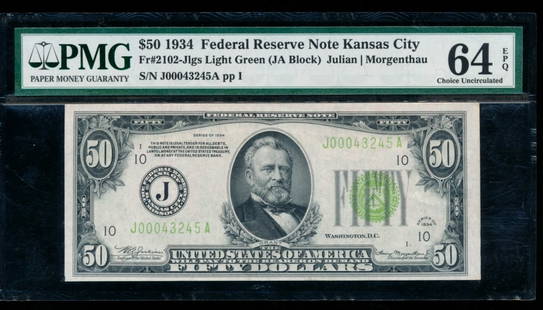 1934 $50 Kansas City FRN PMG 64EPQ: One 1934 $50 Kansas City FRN PMG 64EPQ.