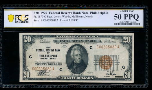1929 $20 Philadelphia FRBN PCGS 50PPQ: One 1929 $20 Philadelphia FRBN PCGS 50PPQ.