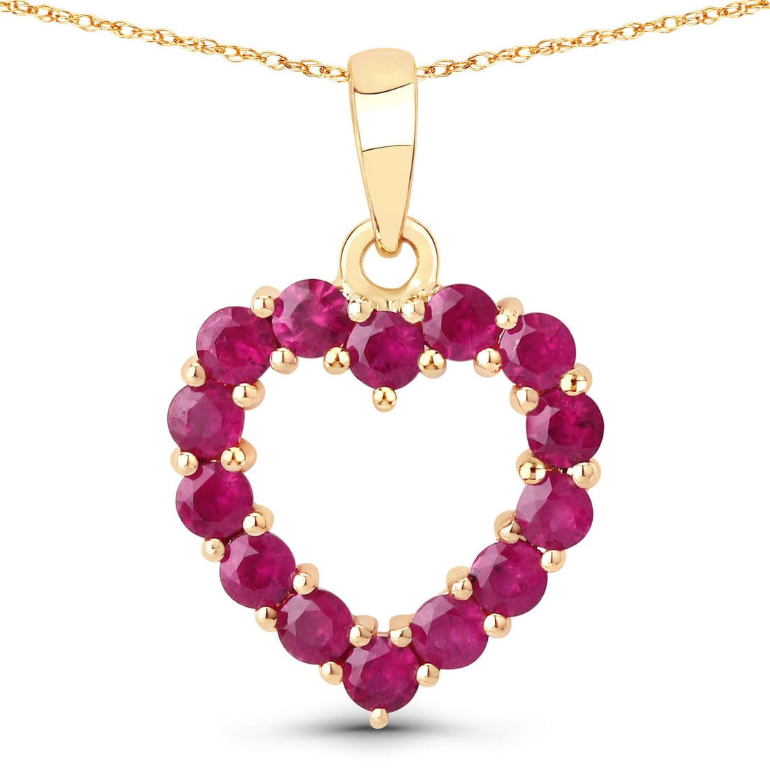 10KT Yellow Gold 0.43ctw Ruby Pendant: Ruby Round/2.00mm - 14/0.43 ctw Prong Setting Natural Heat Treated F. 18 inch chain. Total weight of 1.64 grams.